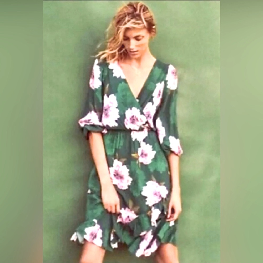 Anthropologie | Plenty by Tracy Reese 3/4 Sleeve Floral Aleah Midi Dress Ruffled